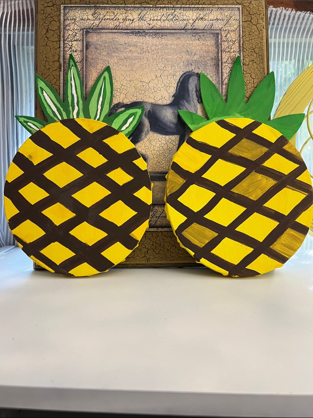 Pineapple Wall paintings Handpainted - Yellow & Green painted canvas each 6”x11